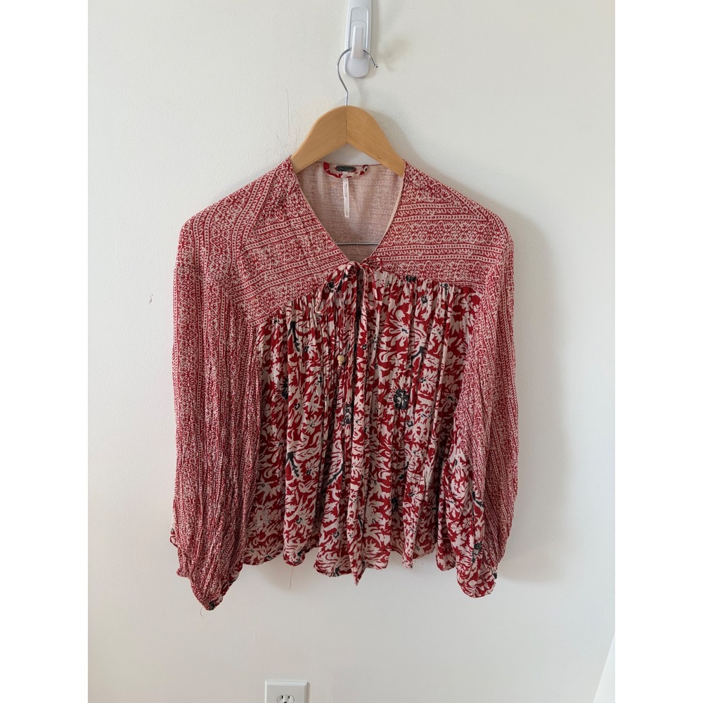 Free People Red Mixed Print Boho Tie Front Blouse Long Sleeve Large